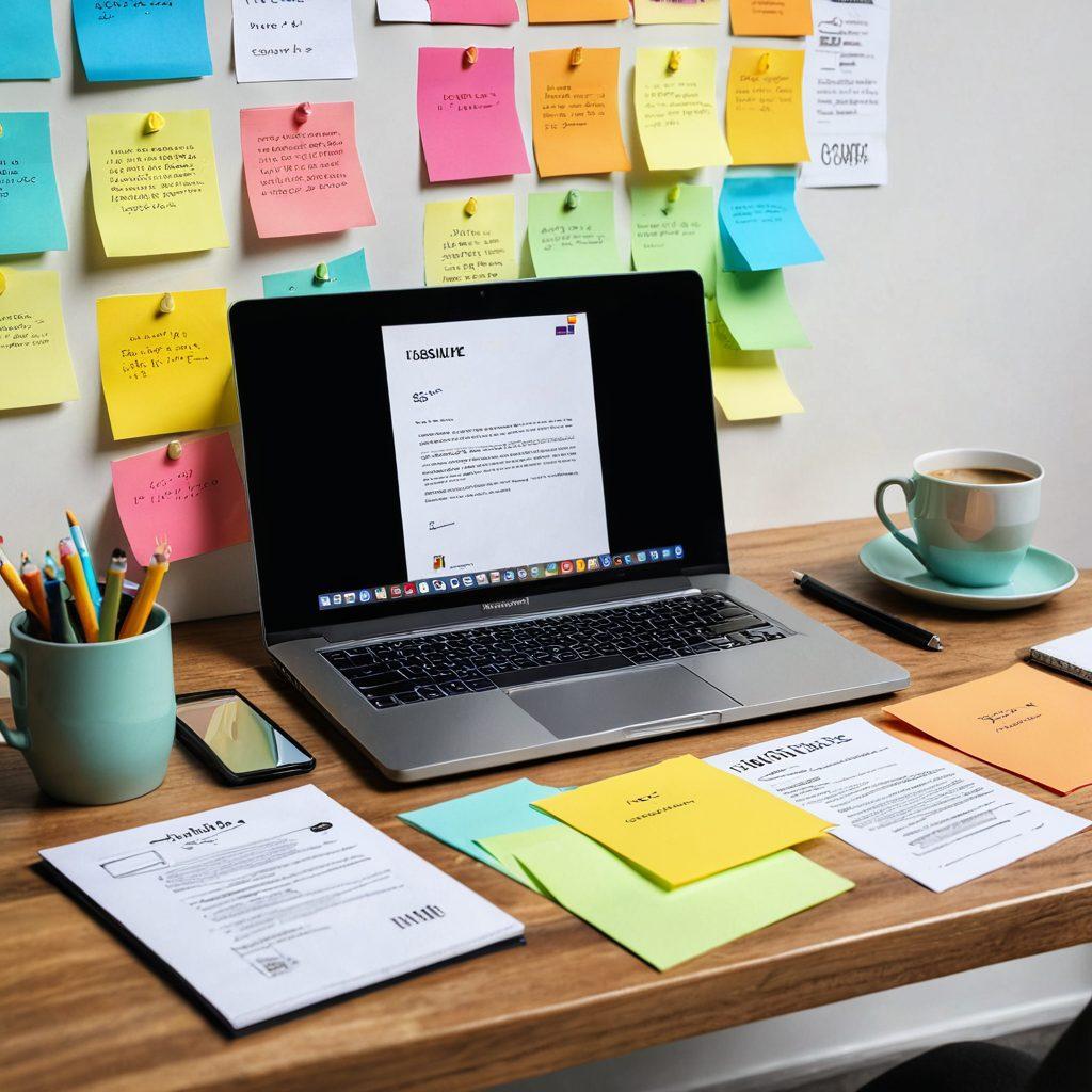 A sleek, modern workspace featuring an open laptop with a beautifully designed resume on the screen. Surrounding the laptop, there are colorful sticky notes with tips about resume writing, a cup of coffee, and a stylish notepad. The background includes motivational career quotes in an artistic style. The overall atmosphere should be inspiring and professional. super-realistic. vibrant colors. soft focus.