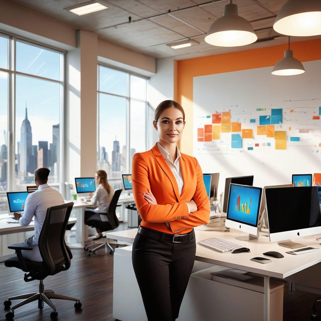 A dynamic scene featuring a confident job seeker in a modern office environment, surrounded by colorful job application materials and laptops displaying professional networking sites. Infuse elements symbolizing growth, such as a rising graph and a light bulb representing ideas. The background should portray a sunny skyline to evoke a sense of hope and opportunity. super-realistic. vibrant colors. modern style.