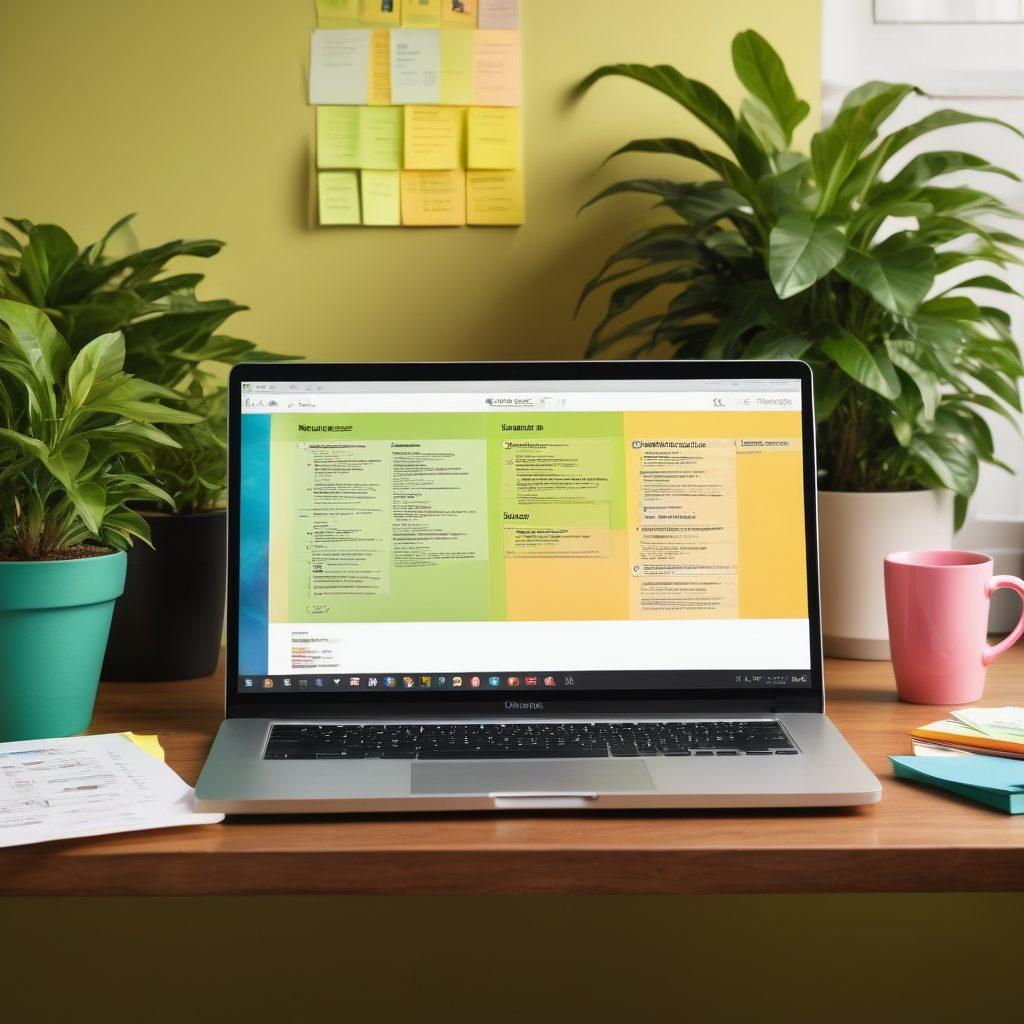 A visually engaging workspace scene with an open laptop displaying a colorful resume, sticky notes filled with motivational quotes, and a vibrant plant in the background. Include a steaming coffee mug to represent focus and joy, and a soft light illuminating the workspace to create an inviting atmosphere. super-realistic. vibrant colors. warm lighting.
